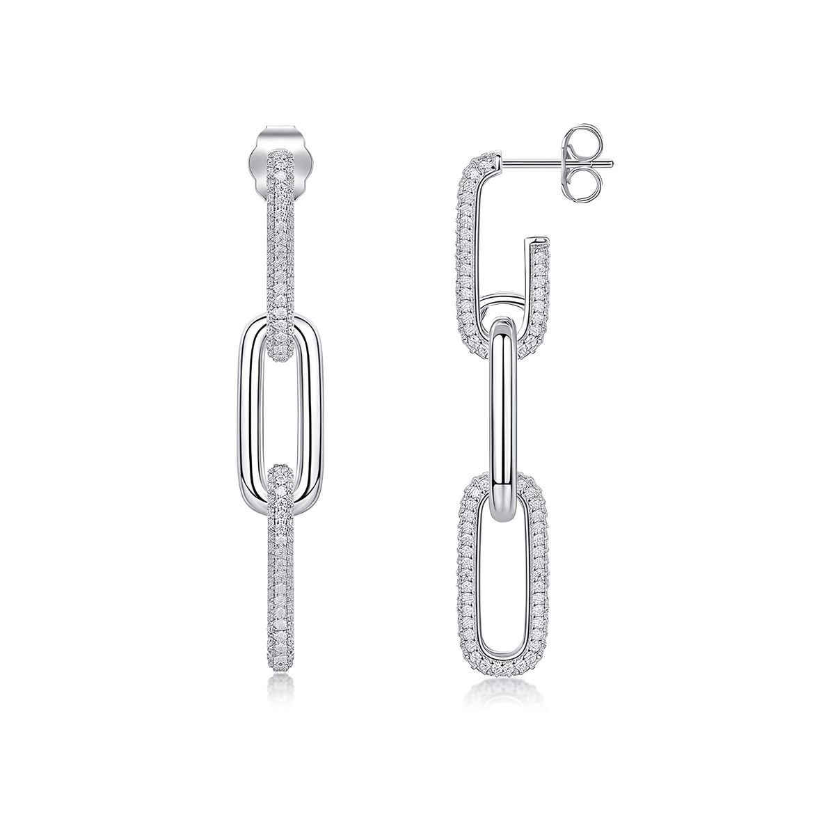 S925 Sterling Silver Moissanite Paperclip Link Drop Earrings — Pavé Linear Dangle