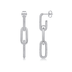 S925 Sterling Silver Moissanite Paperclip Link Drop Earrings — Pavé Linear Dangle