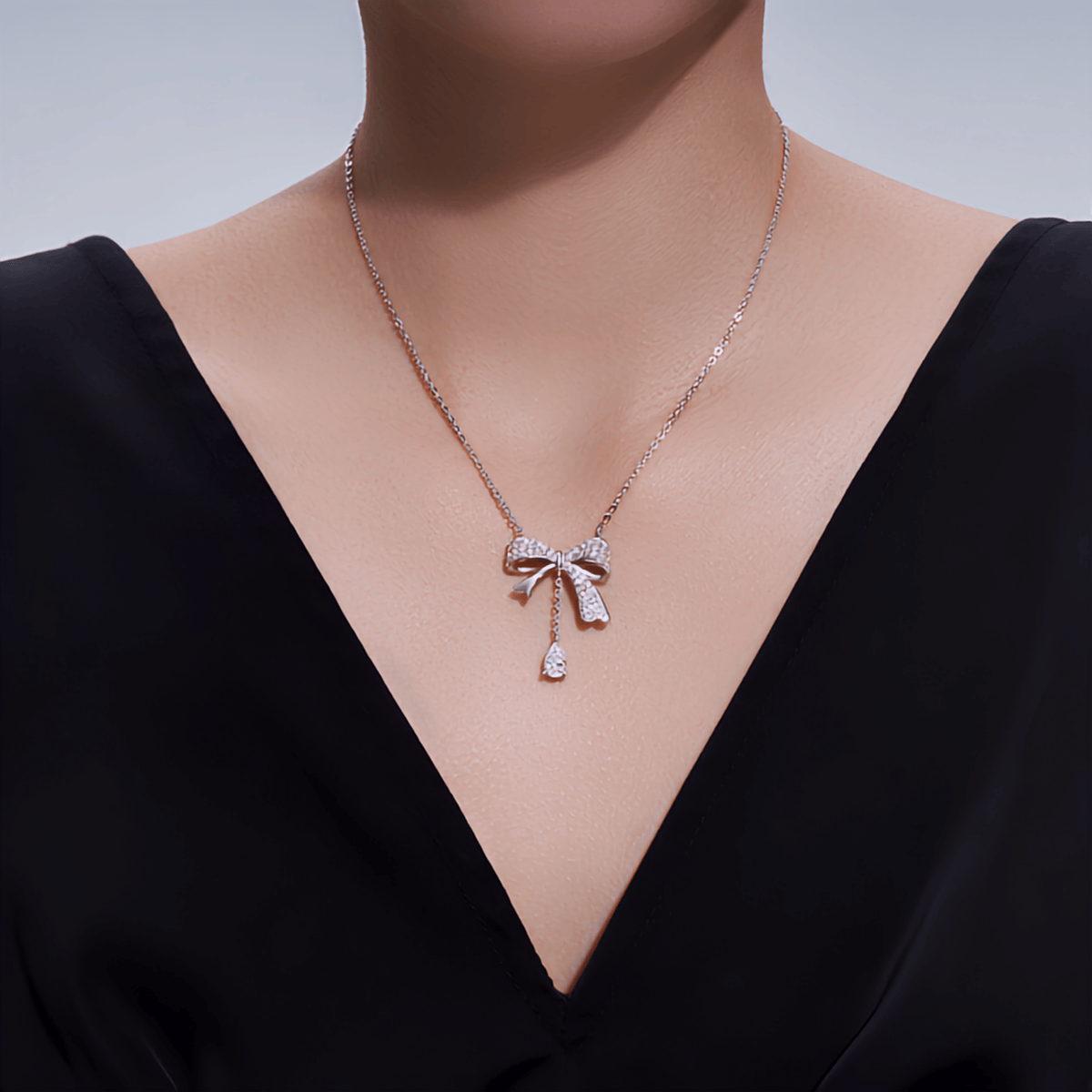 Moissanite Bow Necklace with Pear Drop – S925 Sterling Silver