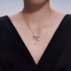 Moissanite Bow Necklace with Pear Drop – S925 Sterling Silver