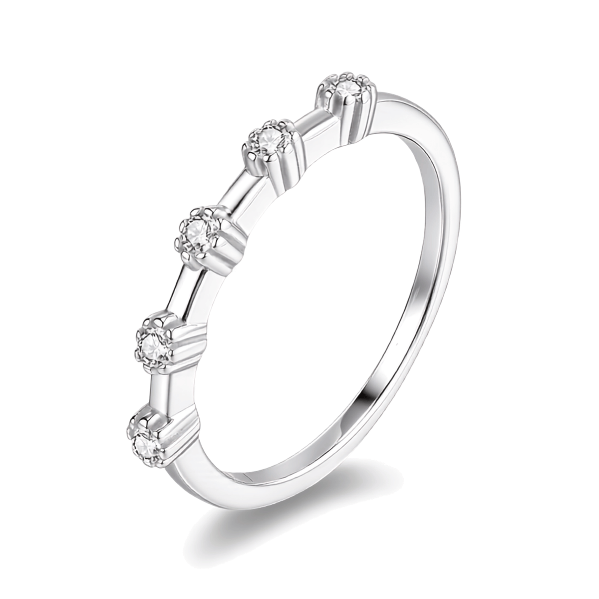 925 Sterling Silver Five-Stone Moissanite Station Band Ring (2.0mm Round, 0.15 ctw) | Dainty Stacking Ring