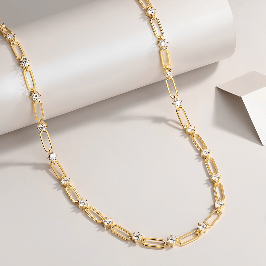 Moissanite Paperclip Chain Necklace – 14K Gold Plated Sterling Silver