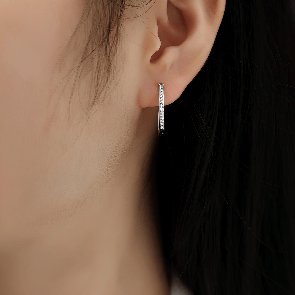 S925 Sterling Silver Rectangular Moissanite Huggie Hoop Earrings — Micro Pavé Sparkle