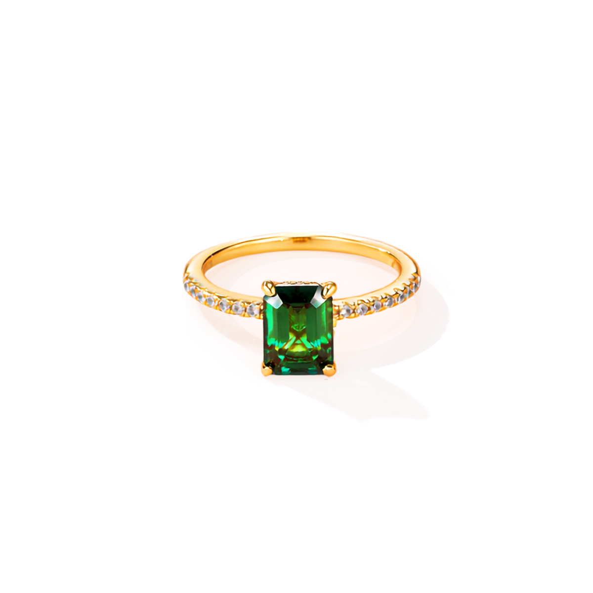 18K Gold Plated 925 Sterling Silver Emerald-Cut Green Moissanite Ring | Authentic Moissanite Pavé Engagement Ring + Certificate