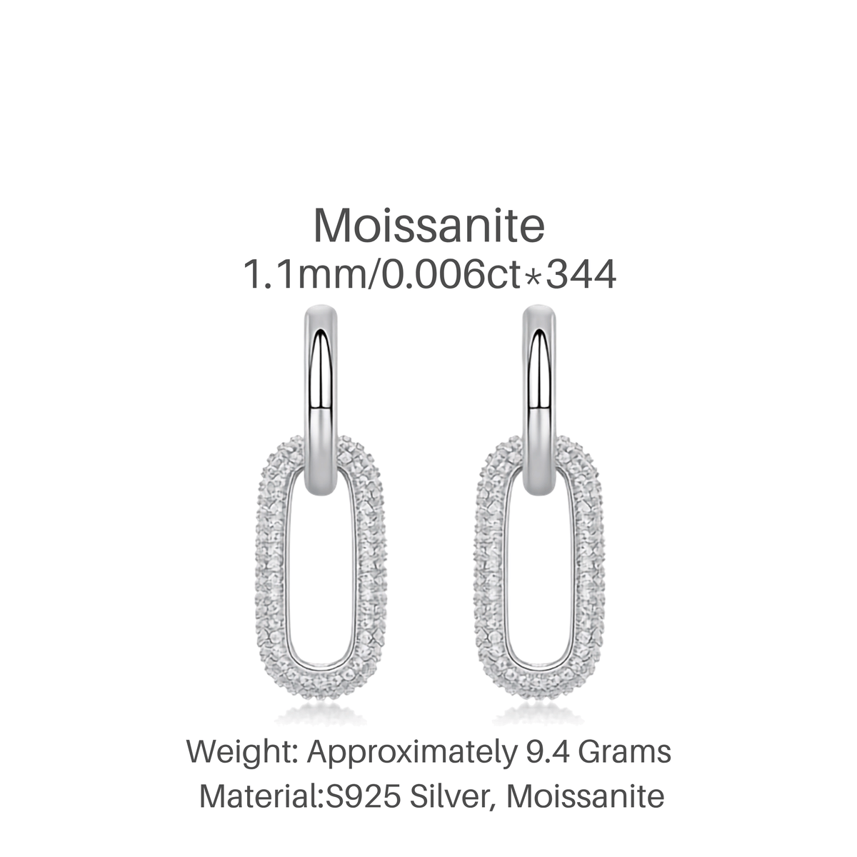 S925 Sterling Silver Moissanite Pavé Link Drop Hoop Earrings — Paperclip Dangle Design