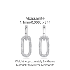 S925 Sterling Silver Moissanite Pavé Link Drop Hoop Earrings — Paperclip Dangle Design