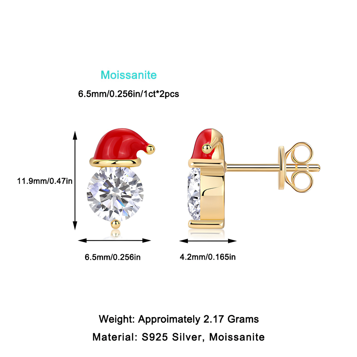 14K Gold Plated 925 Sterling Silver Santa Hat Moissanite Stud Earrings, 6.5mm Round (Pair)