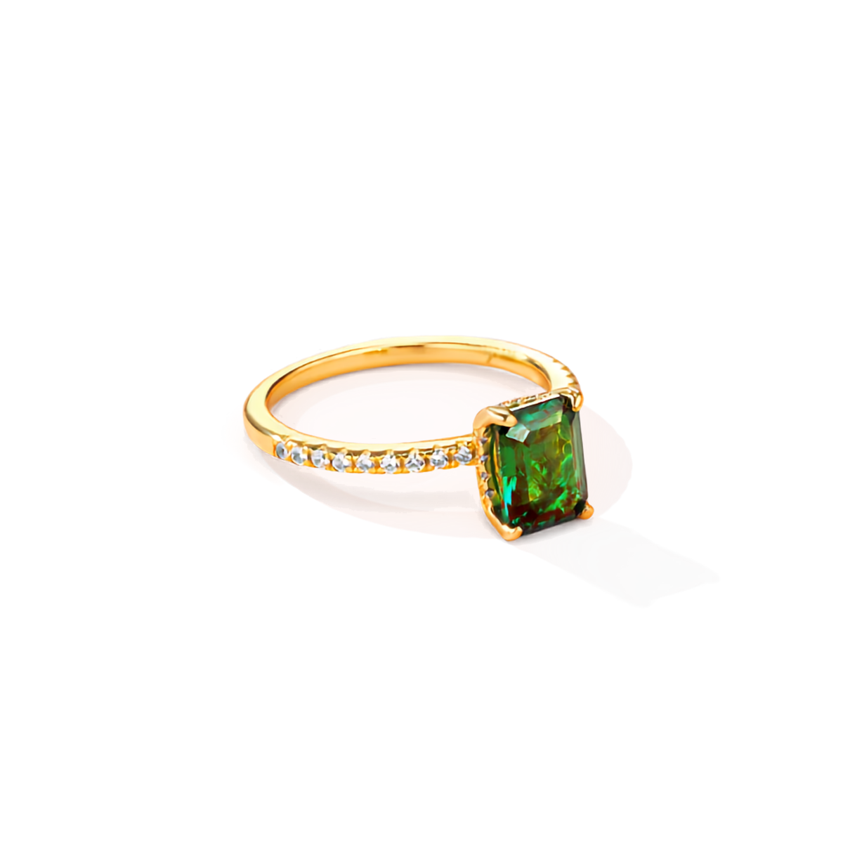 18K Gold Plated 925 Sterling Silver Emerald-Cut Green Moissanite Ring | Authentic Moissanite Pavé Engagement Ring + Certificate