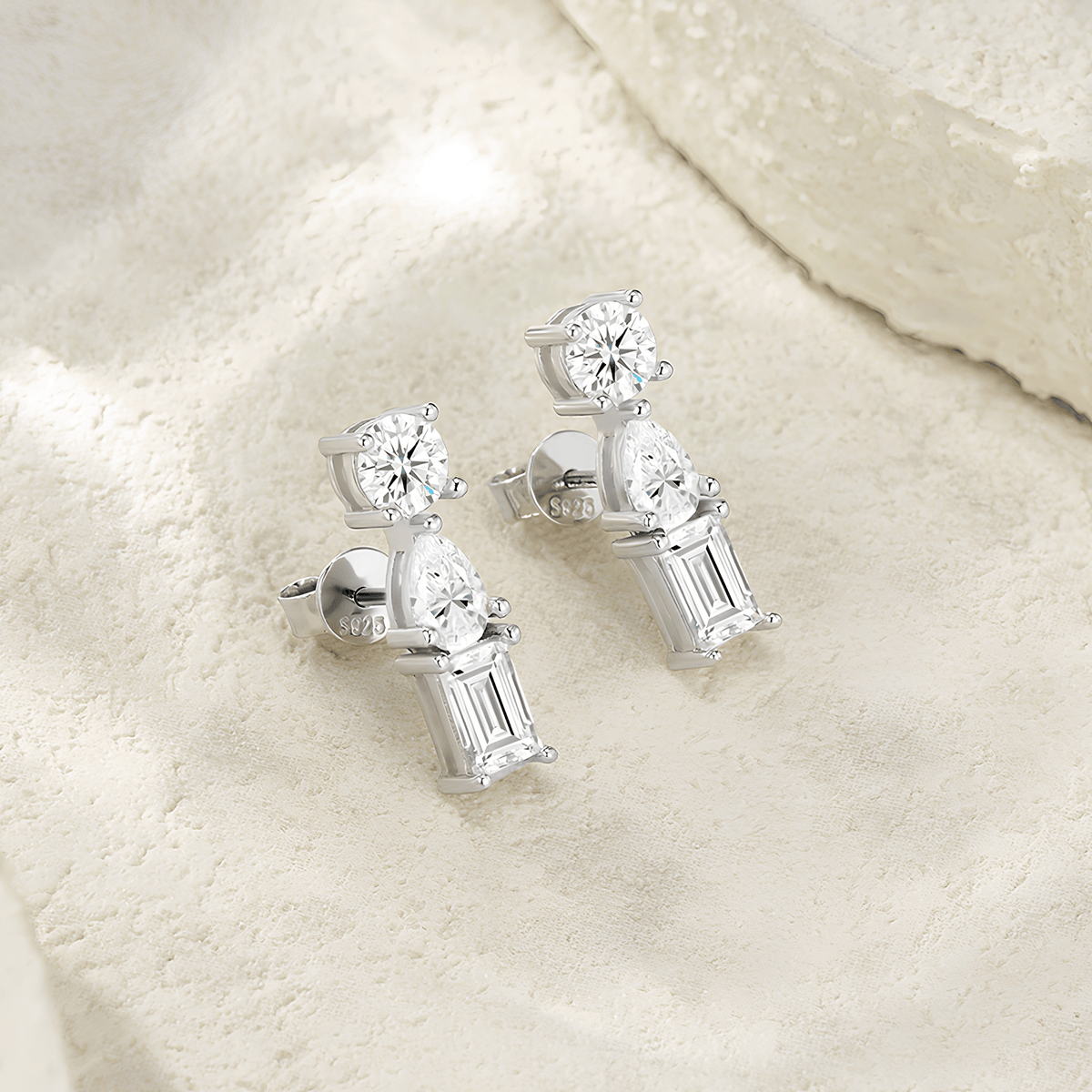 925 Sterling Silver Moissanite Three Stone Bar Stud Earrings — Round, Pear & Emerald Cut