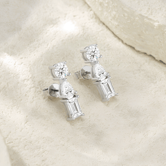 925 Sterling Silver Moissanite Three Stone Bar Stud Earrings — Round, Pear & Emerald Cut