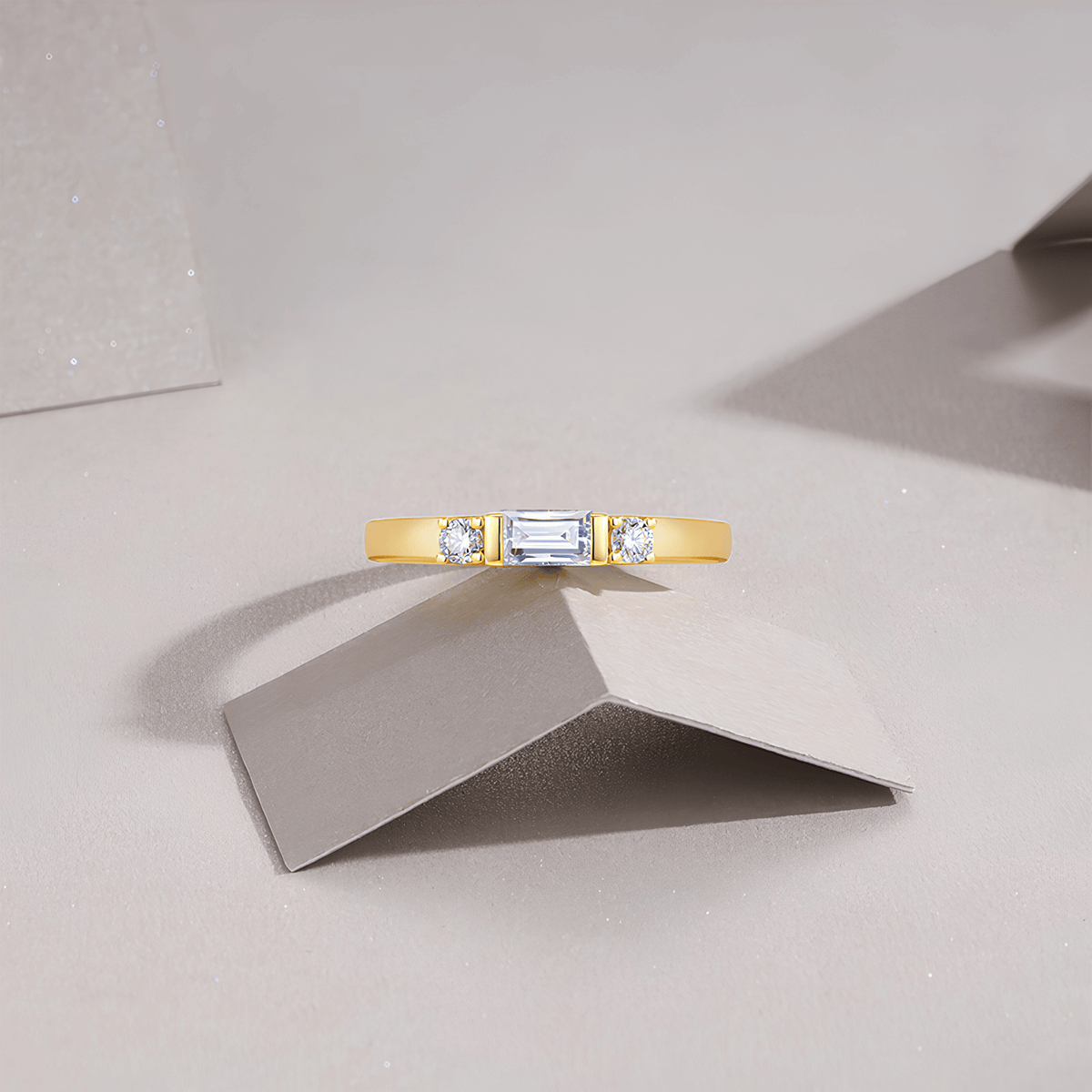 18K Gold Plated Moissanite Ring 925 Silver | Baguette Three Stone Stackable Band