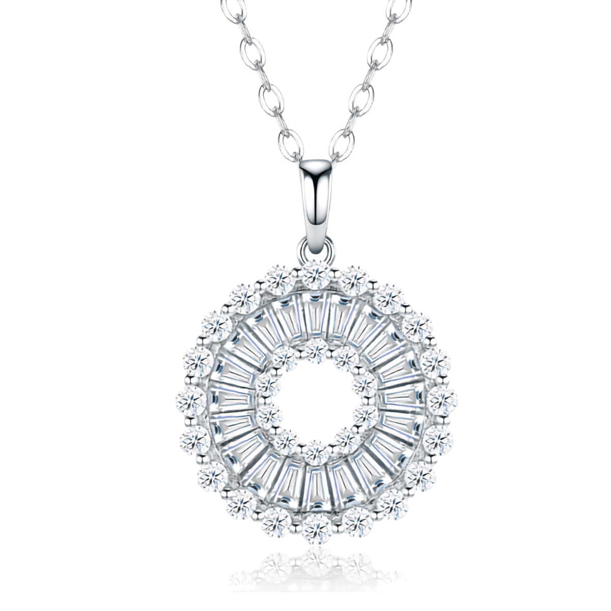 Sterling Silver Sunburst Mosaic Circle Moissanite Pendant Necklace
