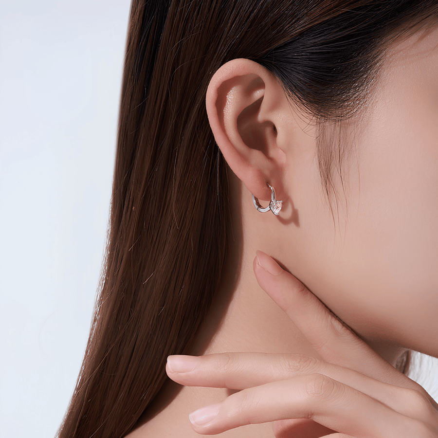 S925 Sterling Silver Heart-Cut Moissanite Huggie Hoop Earrings — 5×5mm (0.5 ct) Sparkle
