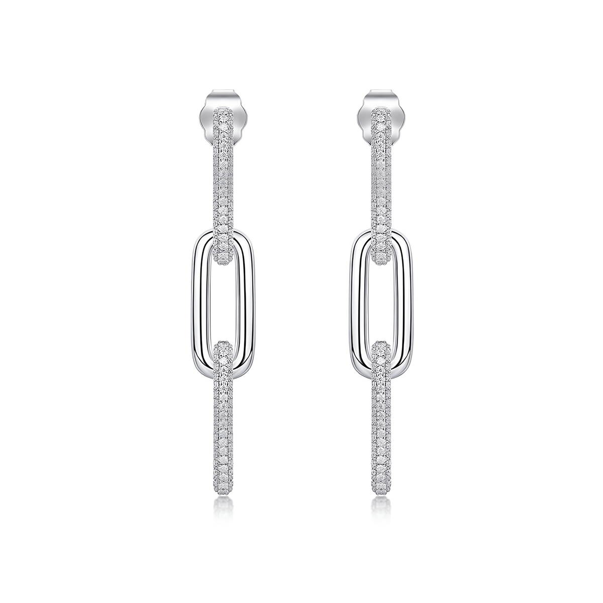 S925 Sterling Silver Moissanite Paperclip Link Drop Earrings — Pavé Linear Dangle