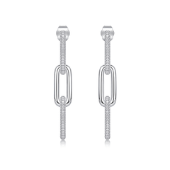 S925 Sterling Silver Moissanite Paperclip Link Drop Earrings — Pavé Linear Dangle
