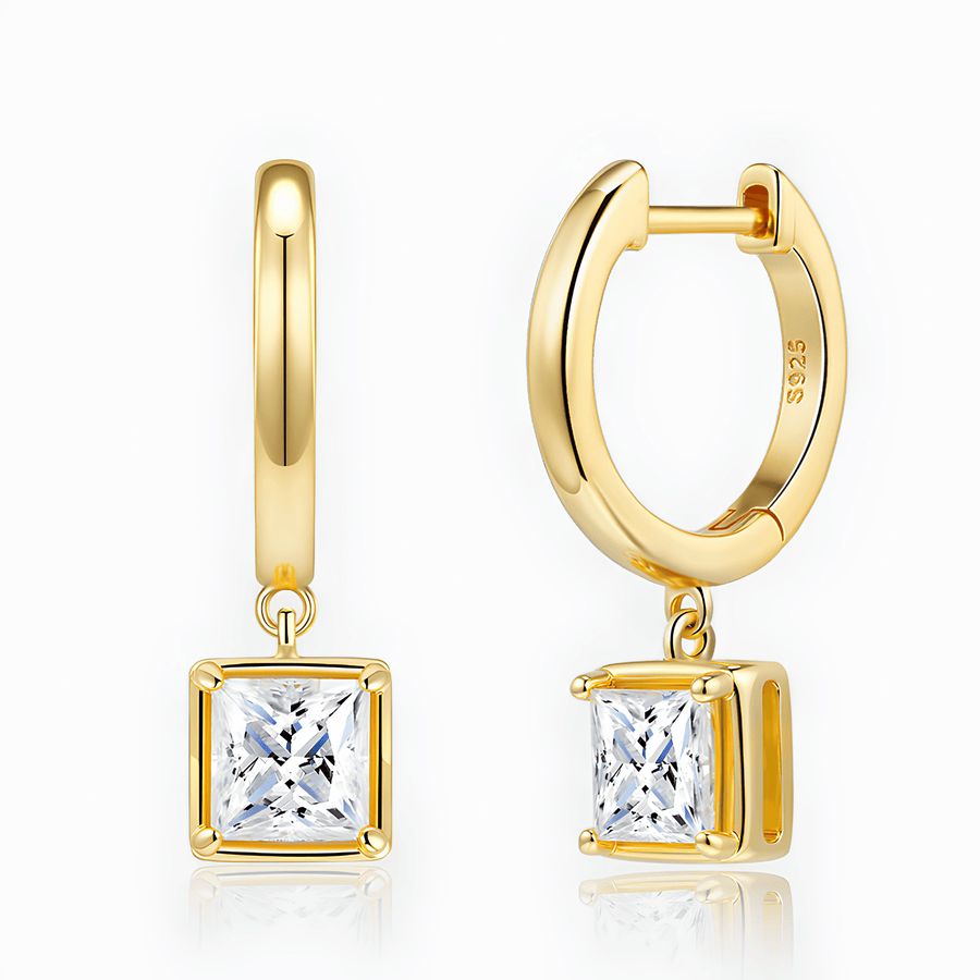 14K Gold Plated 925 Sterling Silver 1ct Princess Cut Moissanite Huggie Drop Earrings
