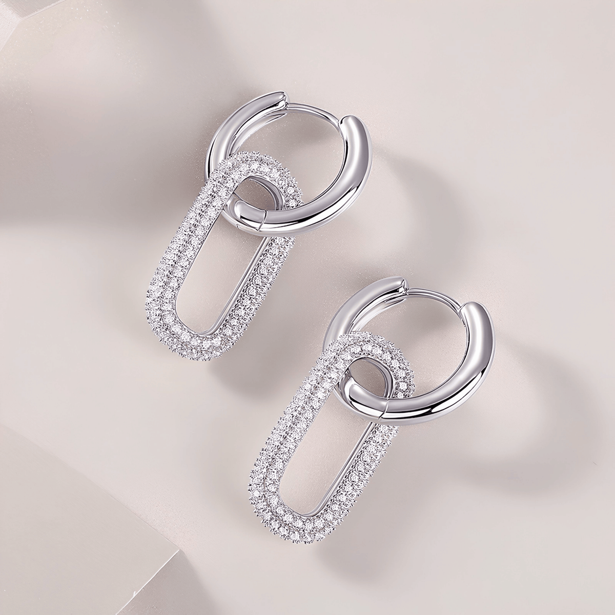 S925 Sterling Silver Moissanite Pavé Link Drop Hoop Earrings — Paperclip Dangle Design