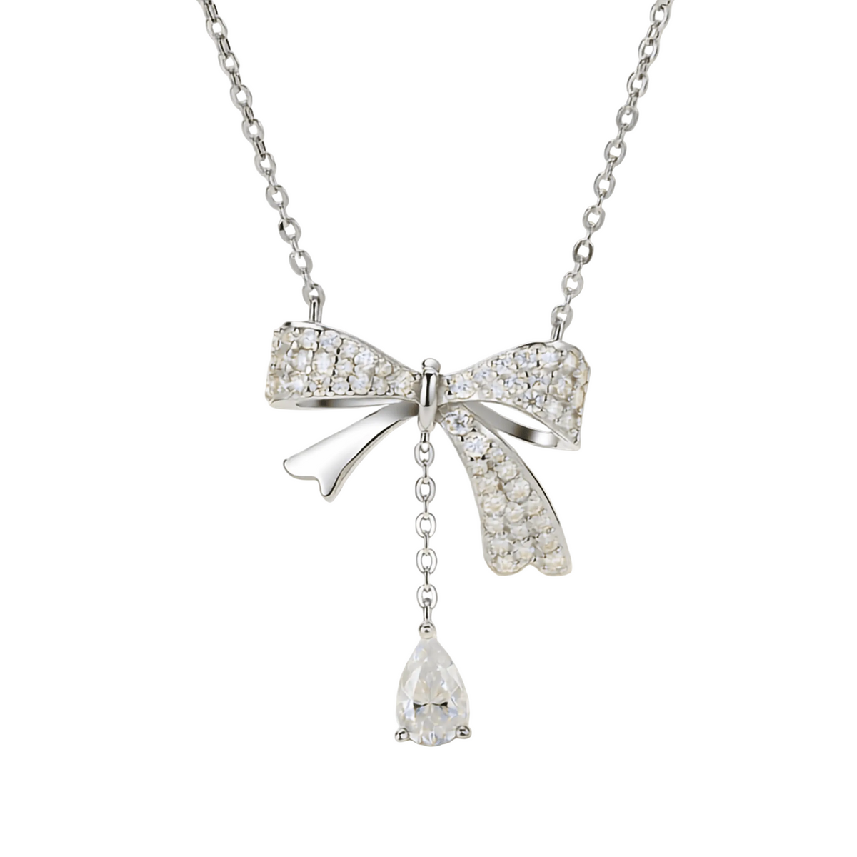 Moissanite Bow Necklace with Pear Drop – S925 Sterling Silver