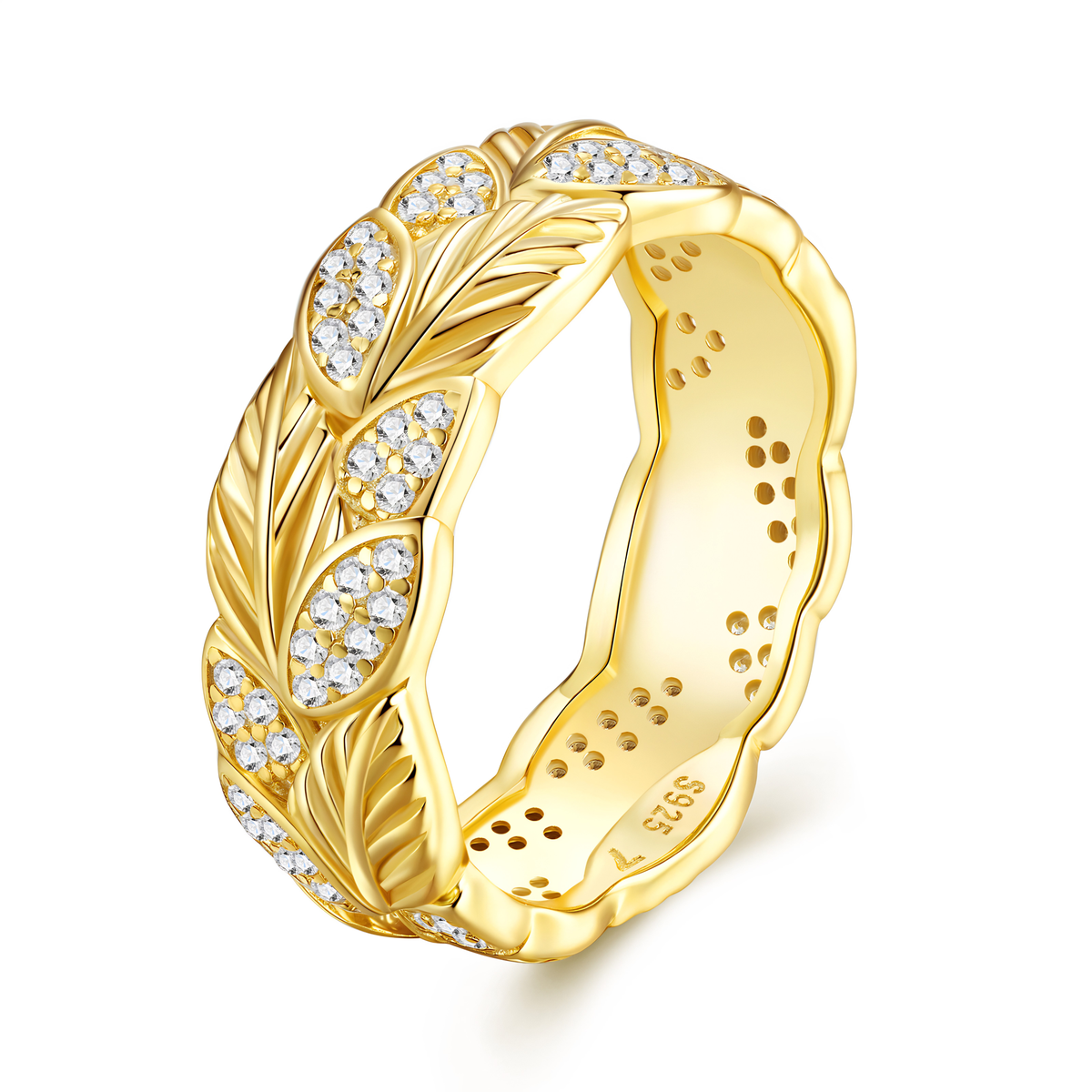 18K Gold Plated Moissanite Ring – 925 Sterling Silver Leaf Band