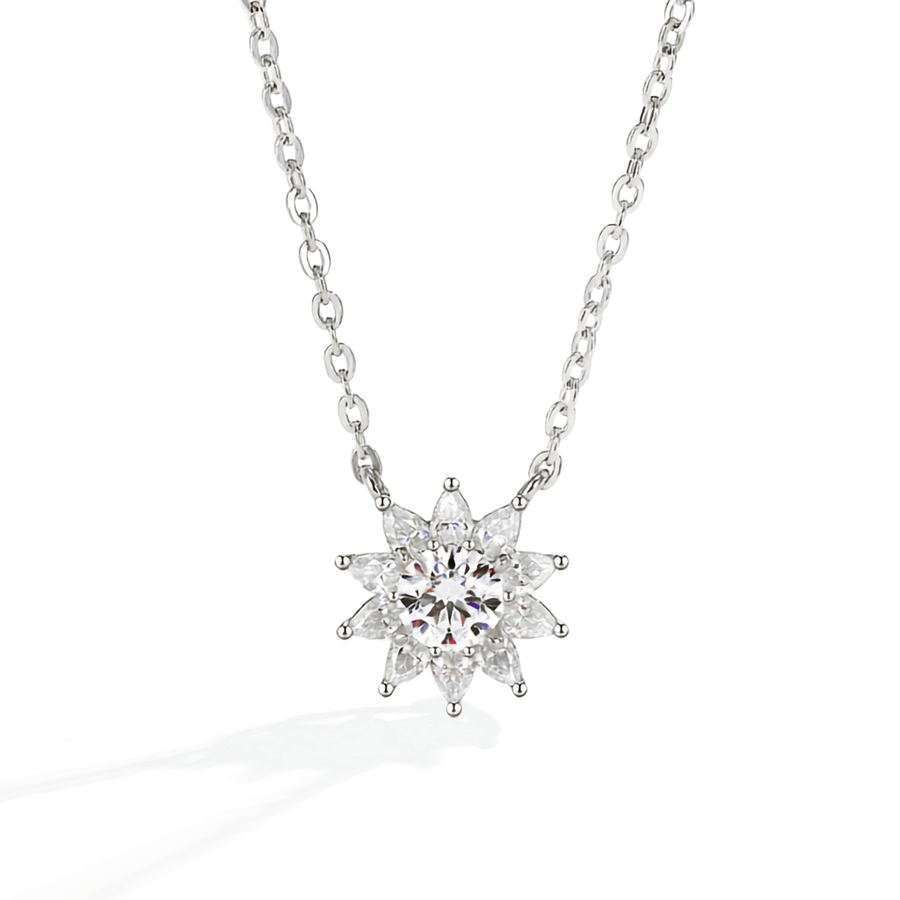 Authentic All-Moissanite Sunburst Floral Cluster Necklace in S925 Sterling Silver