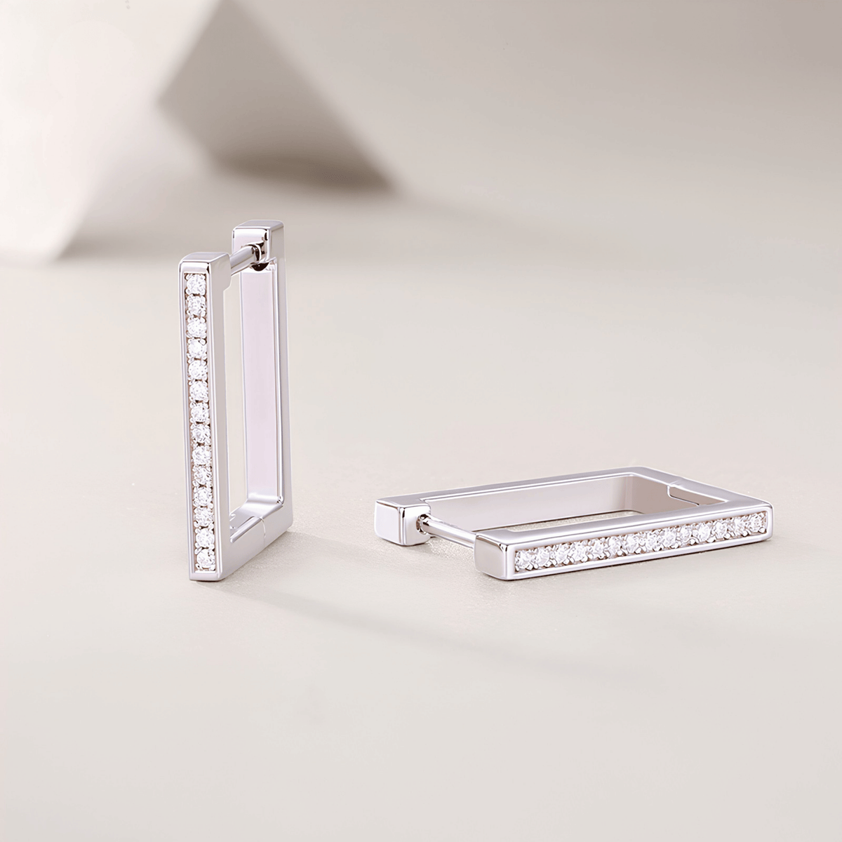 S925 Sterling Silver Rectangular Moissanite Huggie Hoop Earrings — Micro Pavé Sparkle