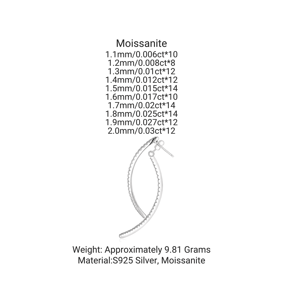 925 Sterling Silver Graduated Moissanite Curved Drop Stud Earrings (Premium Packaging)