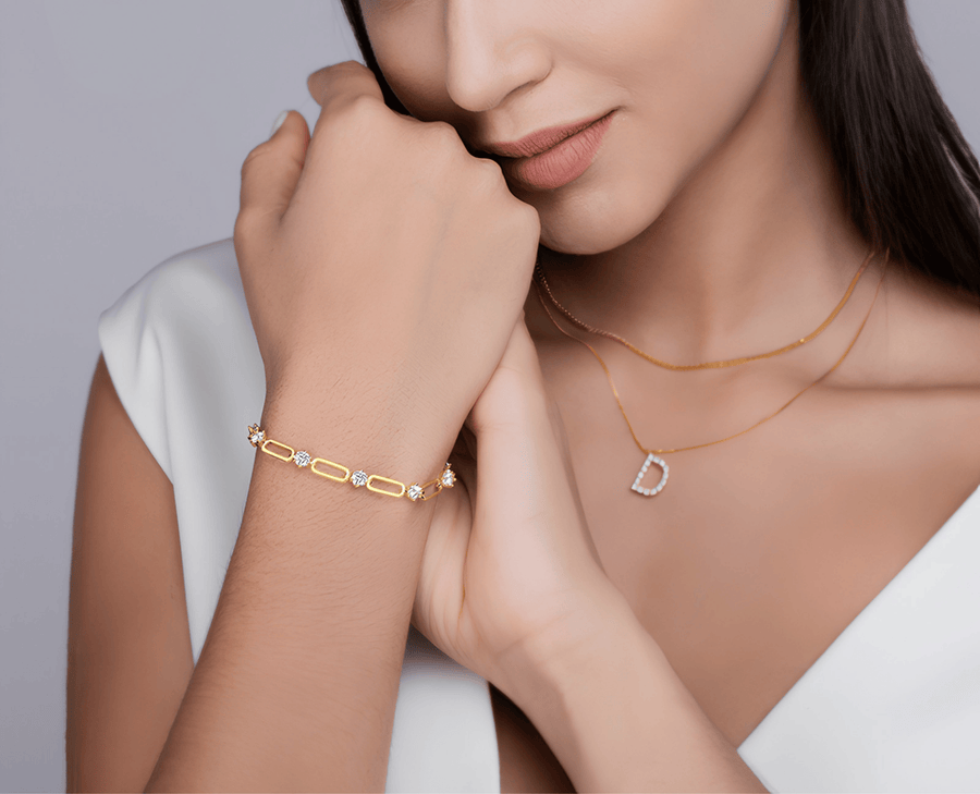 Moissanite Paperclip Link Bracelet – 14K Gold Plated Sterling Silver(Adjustable)