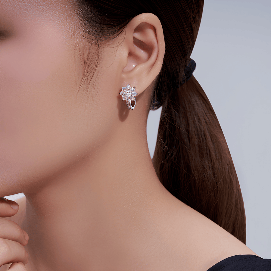 S925 Sterling Silver Moissanite Floral Cluster Huggie Hoop Earrings — Pavé Sparkle Drop