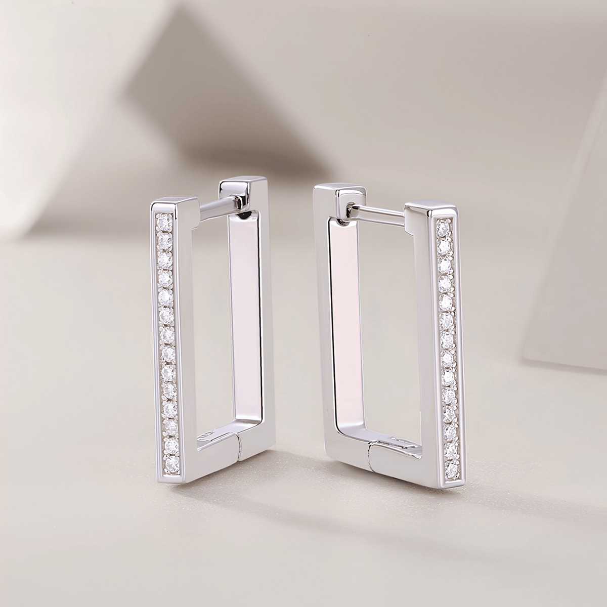 S925 Sterling Silver Rectangular Moissanite Huggie Hoop Earrings — Micro Pavé Sparkle