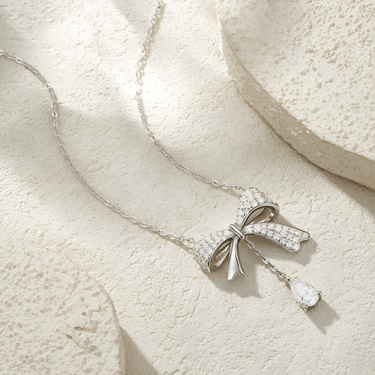 Moissanite Bow Necklace with Pear Drop – S925 Sterling Silver