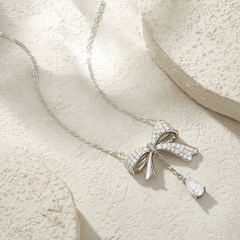 Moissanite Bow Necklace with Pear Drop – S925 Sterling Silver