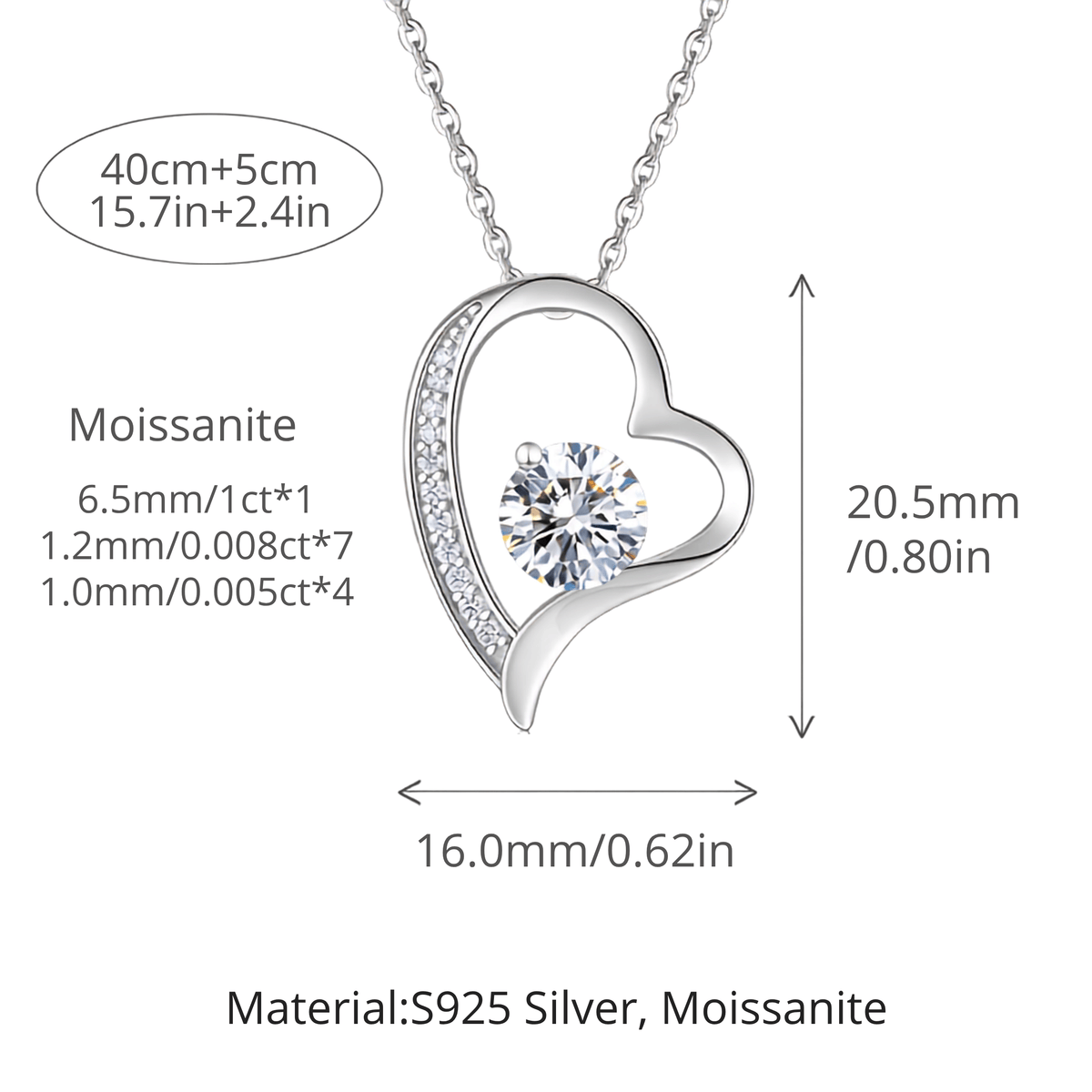 S925 Sterling Silver Open Heart 1ct Moissanite Necklace