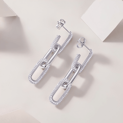 S925 Sterling Silver Moissanite Paperclip Link Drop Earrings — Pavé Linear Dangle