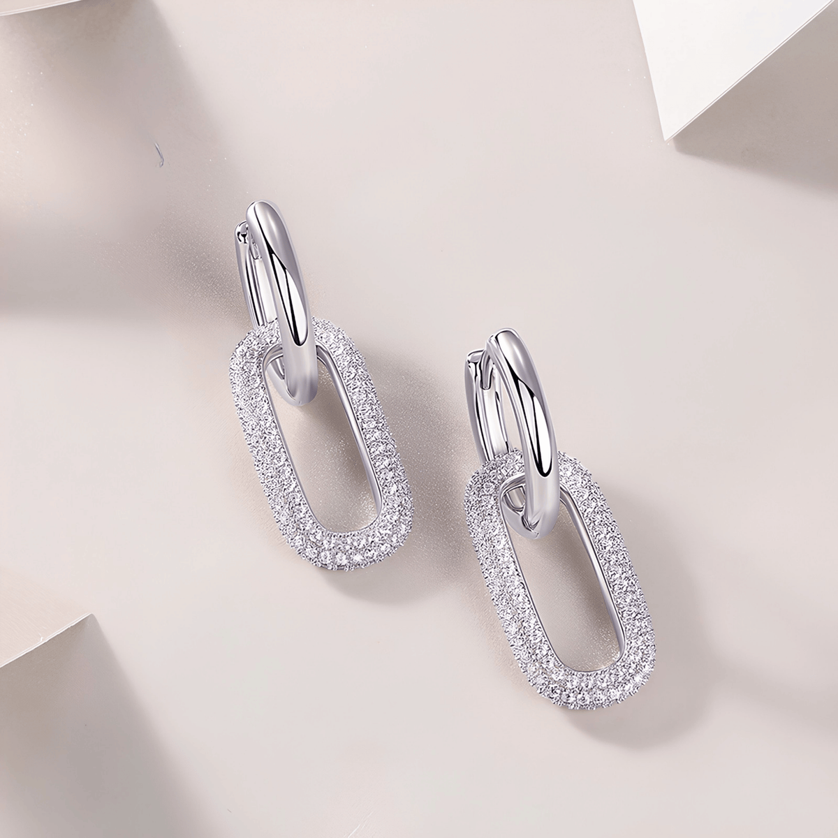 S925 Sterling Silver Moissanite Pavé Link Drop Hoop Earrings — Paperclip Dangle Design