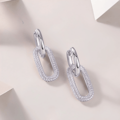 S925 Sterling Silver Moissanite Pavé Link Drop Hoop Earrings — Paperclip Dangle Design