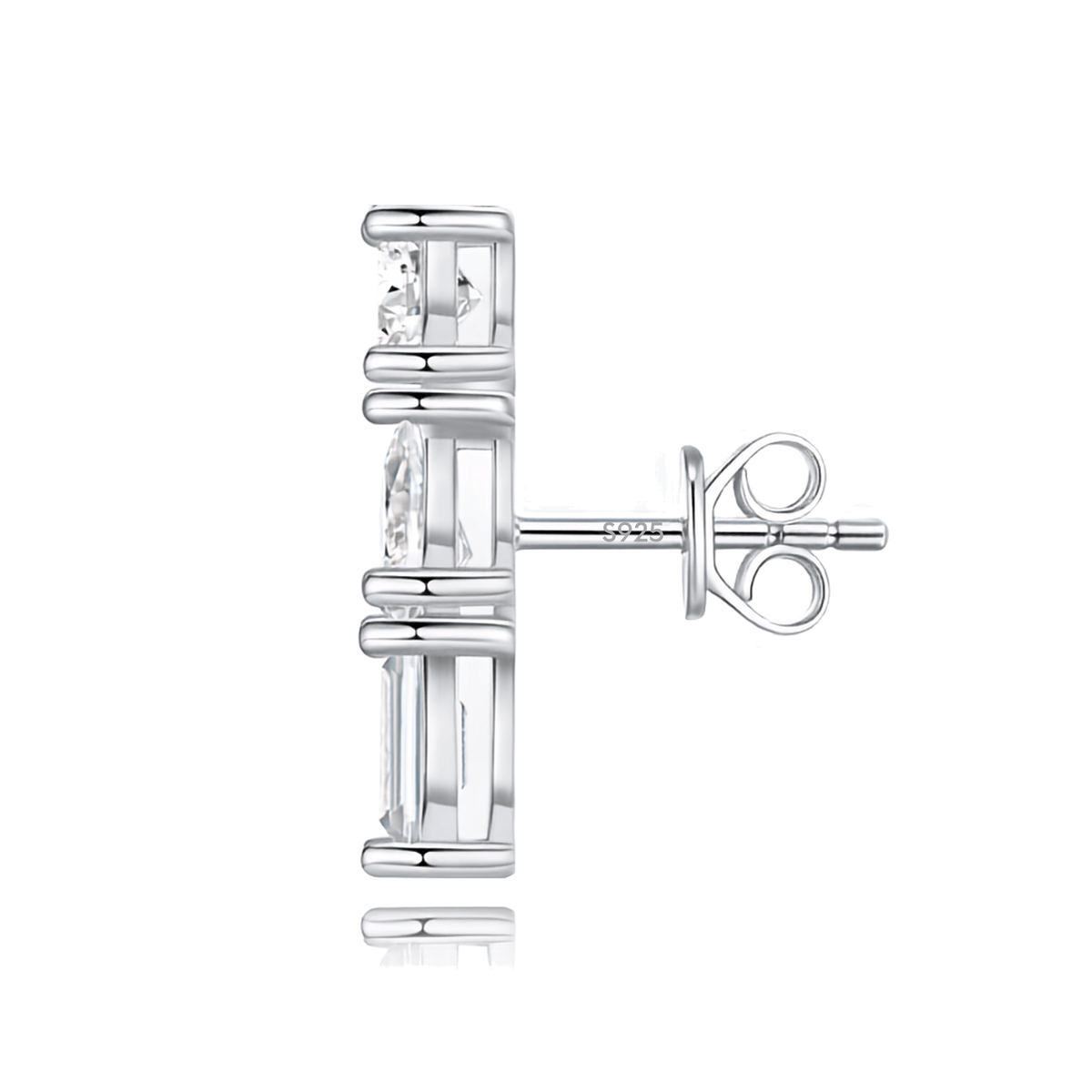 925 Sterling Silver Moissanite Three Stone Bar Stud Earrings — Round, Pear & Emerald Cut