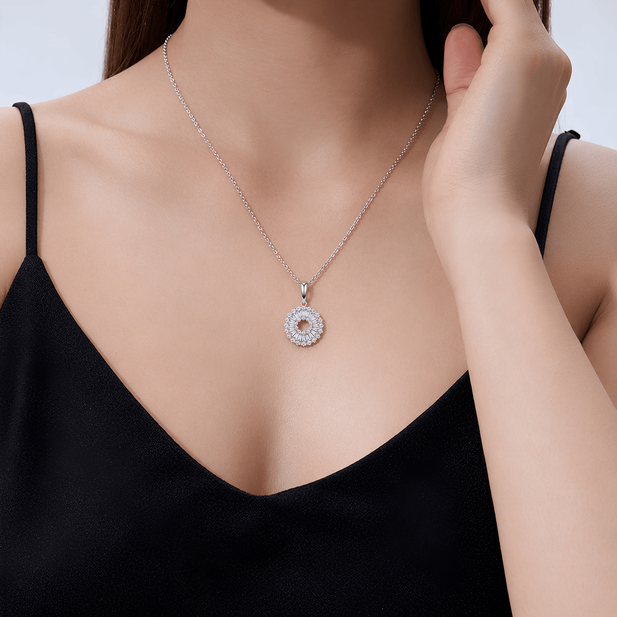 Sterling Silver Sunburst Mosaic Circle Moissanite Pendant Necklace