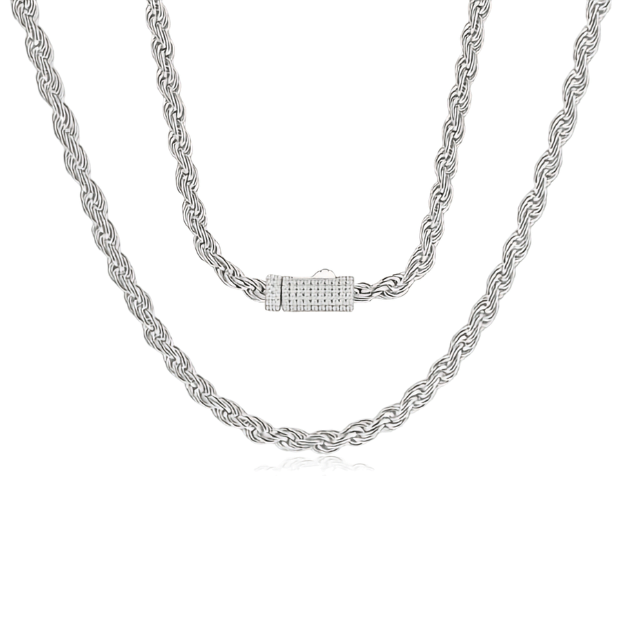 Authentic White Moissanite 925 Sterling Silver Rope Chain Necklace with Iced-Out Box Clasp