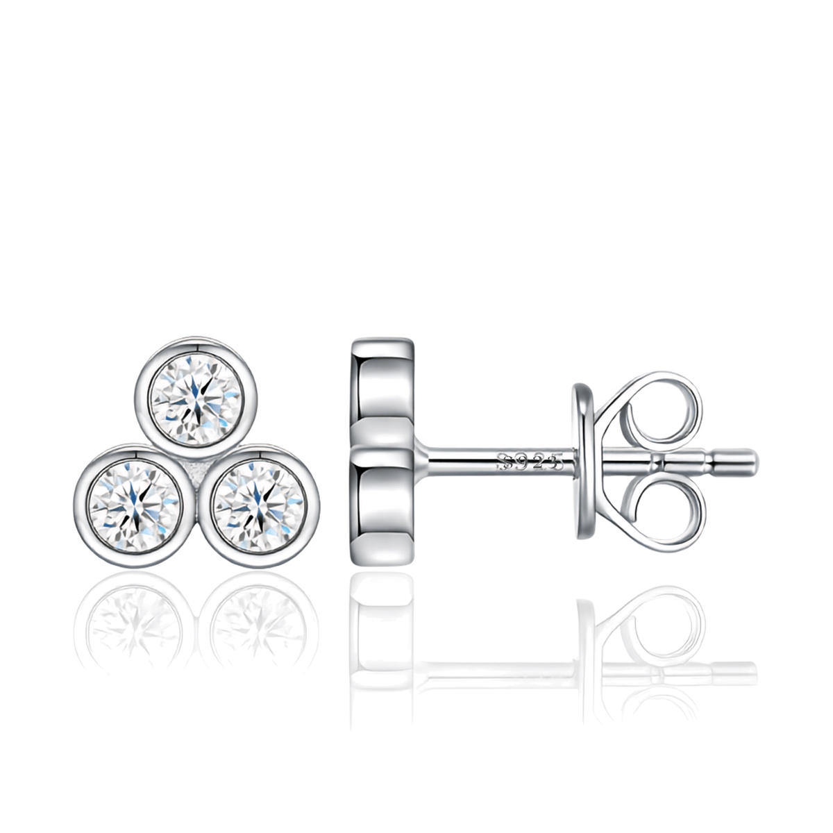 S925 Sterling Silver Triple Bezel Moissanite Cluster Stud Earrings — 3.0mm Round Cut (0.1 ct)