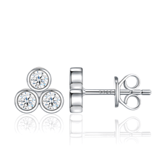 S925 Sterling Silver Triple Bezel Moissanite Cluster Stud Earrings — 3.0mm Round Cut (0.1 ct)