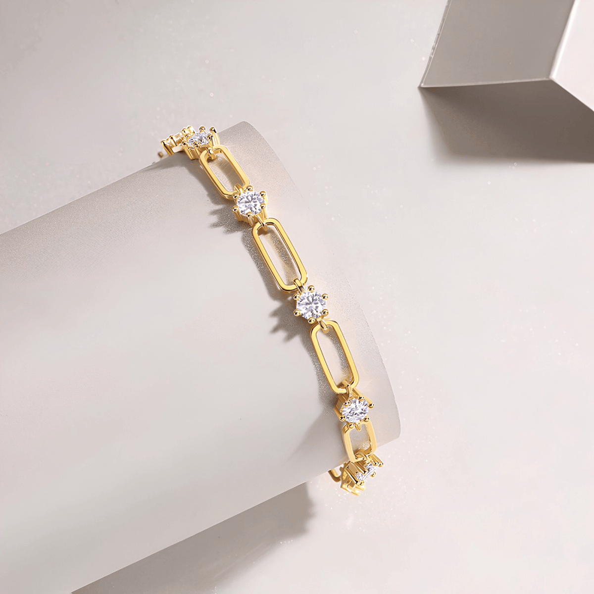 Moissanite Paperclip Link Bracelet – 14K Gold Plated Sterling Silver(Adjustable)