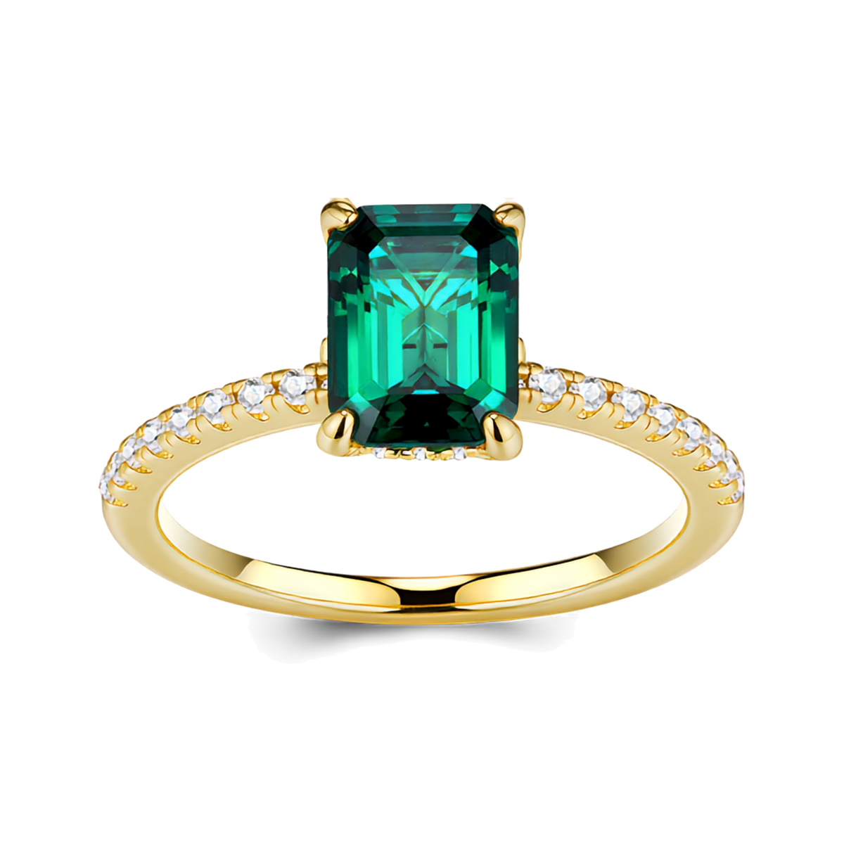 18K Gold Plated 925 Sterling Silver Emerald-Cut Green Moissanite Ring | Authentic Moissanite Pavé Engagement Ring + Certificate