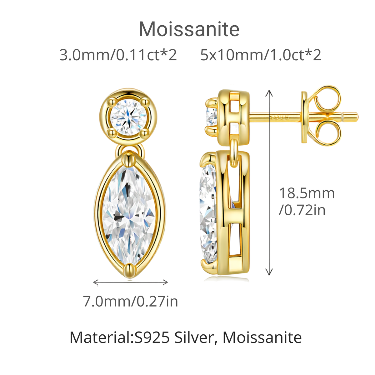 14K Gold Plated 925 Sterling Silver Marquise Moissanite Drop Stud Earrings – 1ct Each