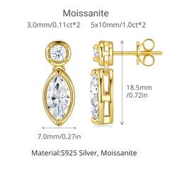 14K Gold Plated 925 Sterling Silver Marquise Moissanite Drop Stud Earrings – 1ct Each