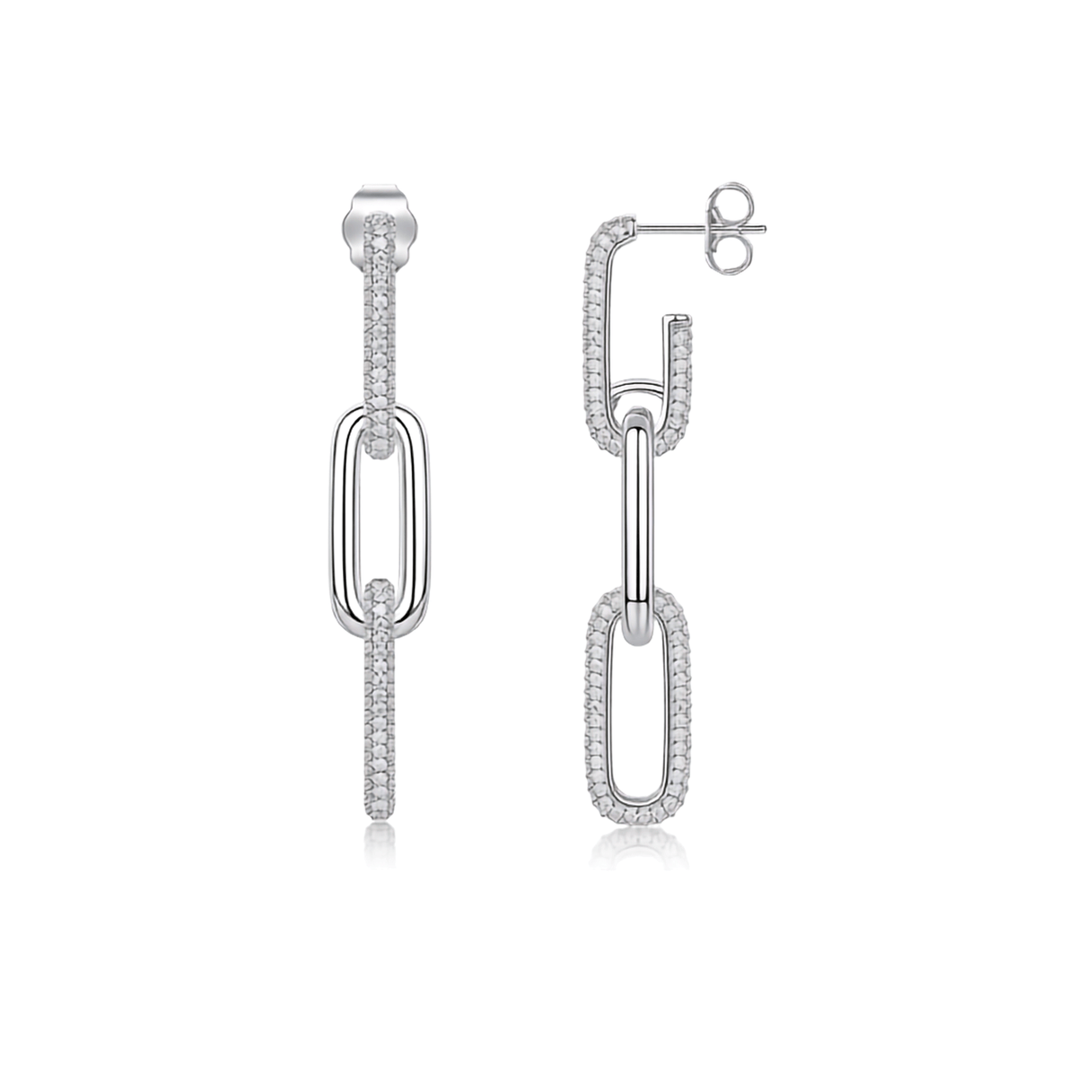 S925 Sterling Silver Moissanite Paperclip Link Drop Earrings — Pavé Linear Dangle