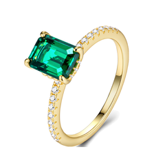 18K Gold Plated 925 Sterling Silver Emerald-Cut Green Moissanite Ring | Authentic Moissanite Pavé Engagement Ring + Certificate