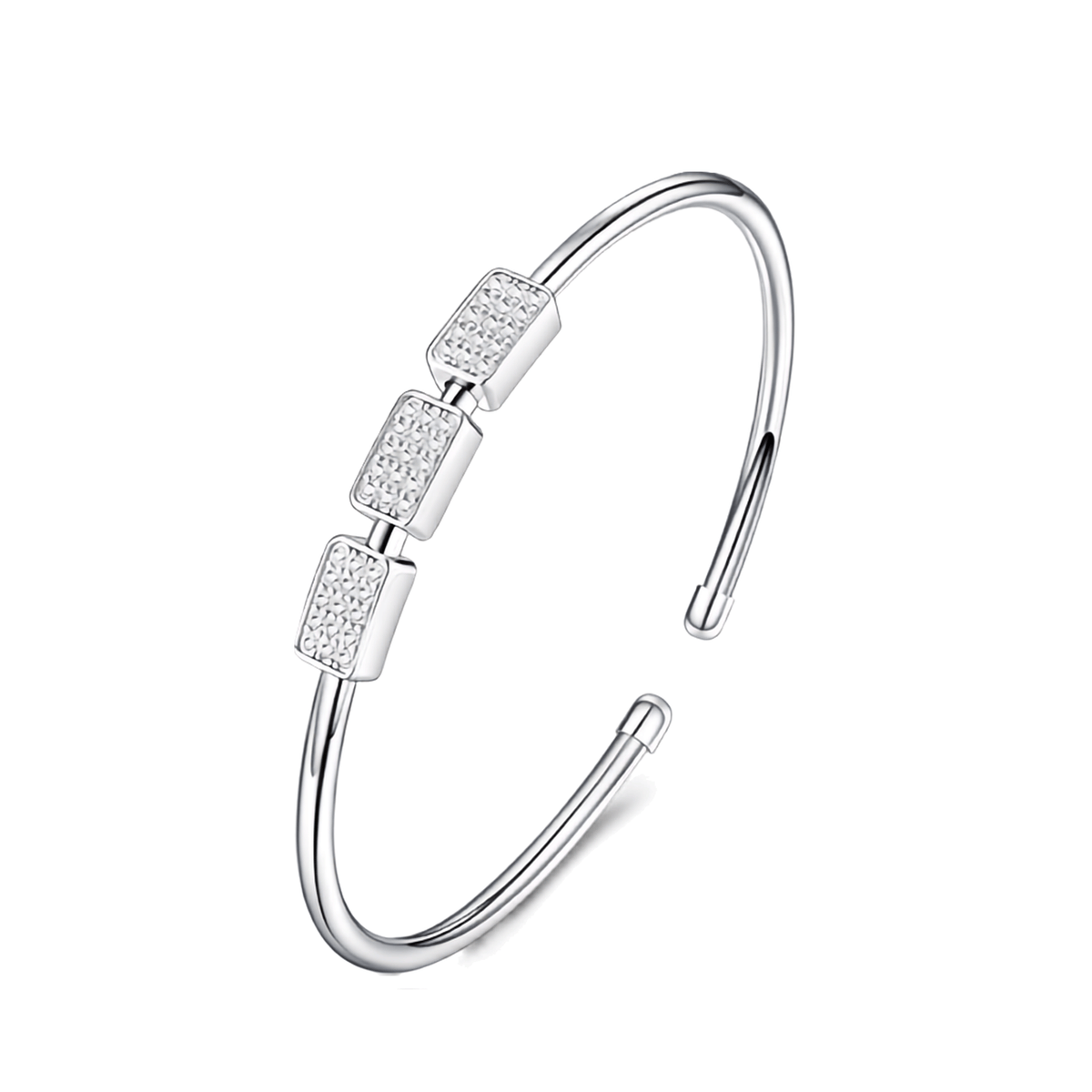 A silver-toned open cuff bangle bracelet with three rectangular bezel-set clear stones on the front, shown on a plain white background.
