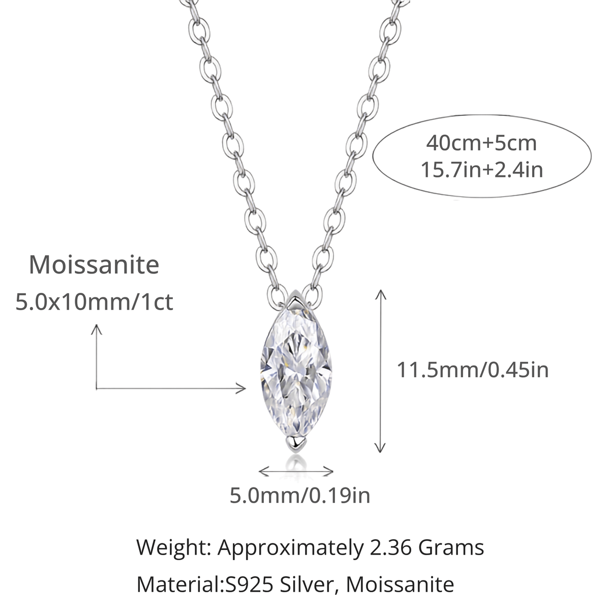 Moissanite Marquise Solitaire Necklace – S925 Sterling Silver