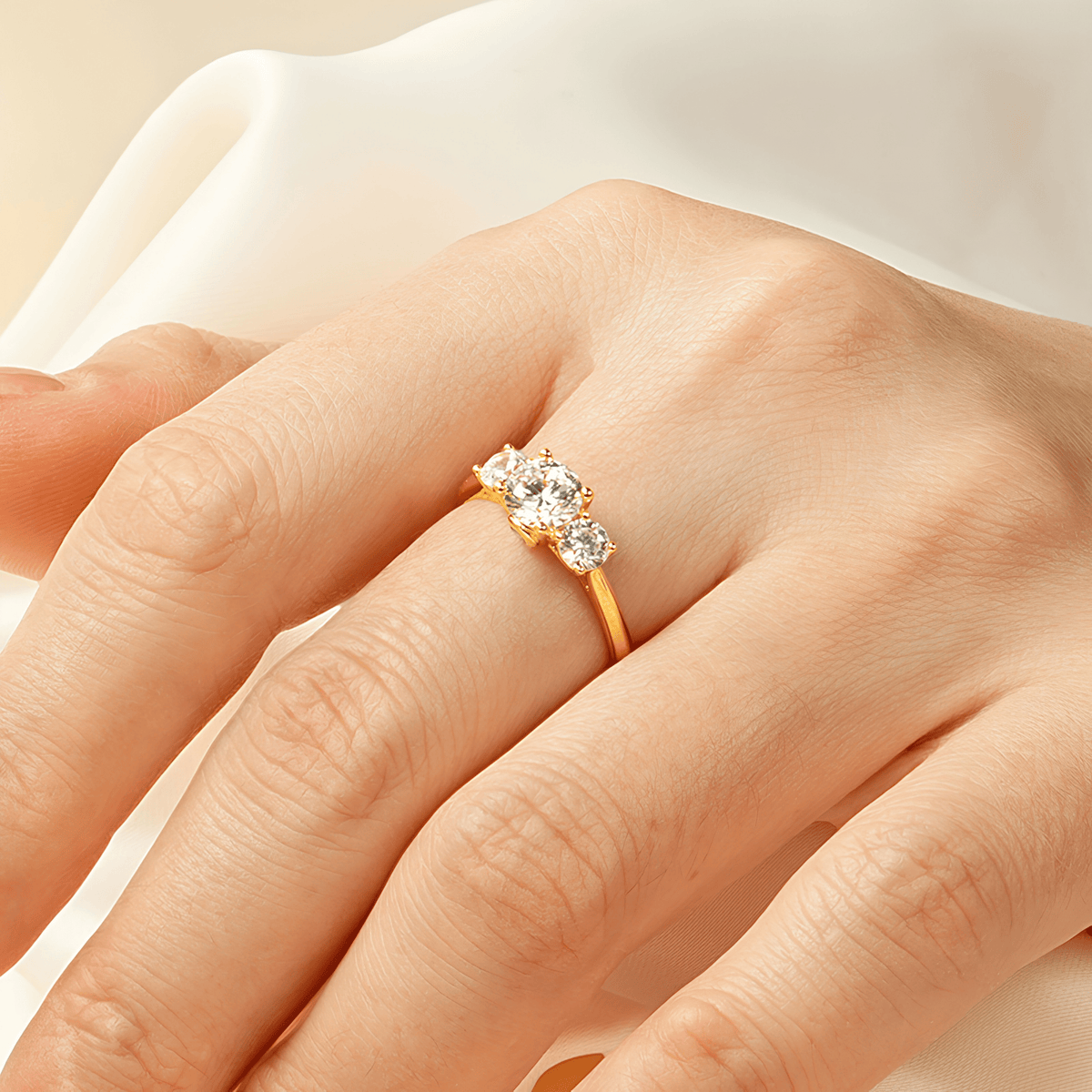 3 Stone Moissanite Engagement Ring, Gold Filled, Promise Gift