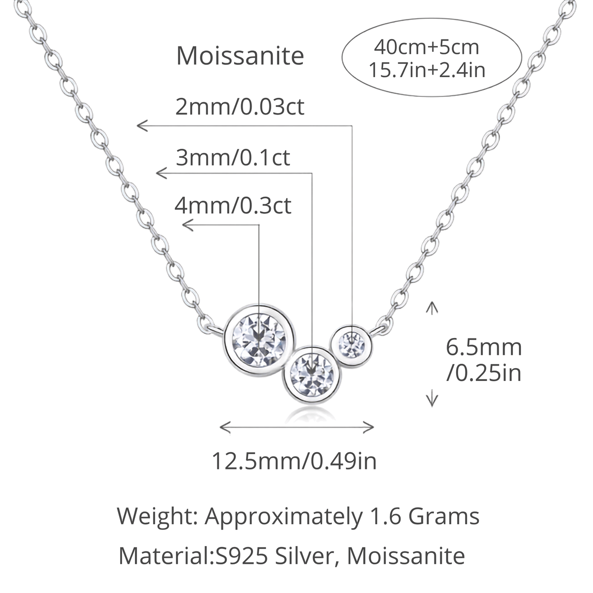 Sterling Silver Three-Stone Bezel Moissanite Necklace
